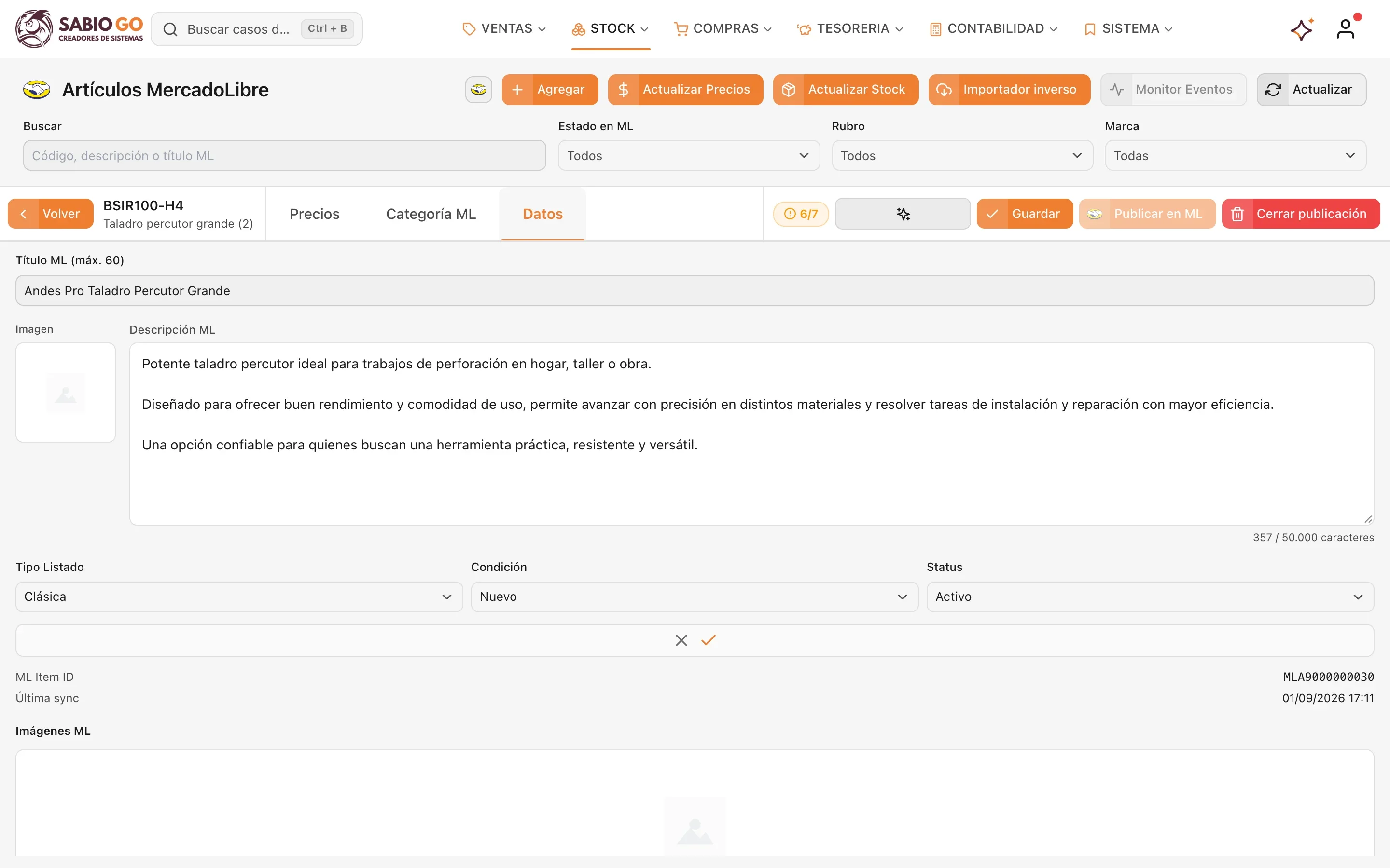 Sabio Go instalado en Mac: la IA escribe el título y la descripción de una publicación de MercadoLibre