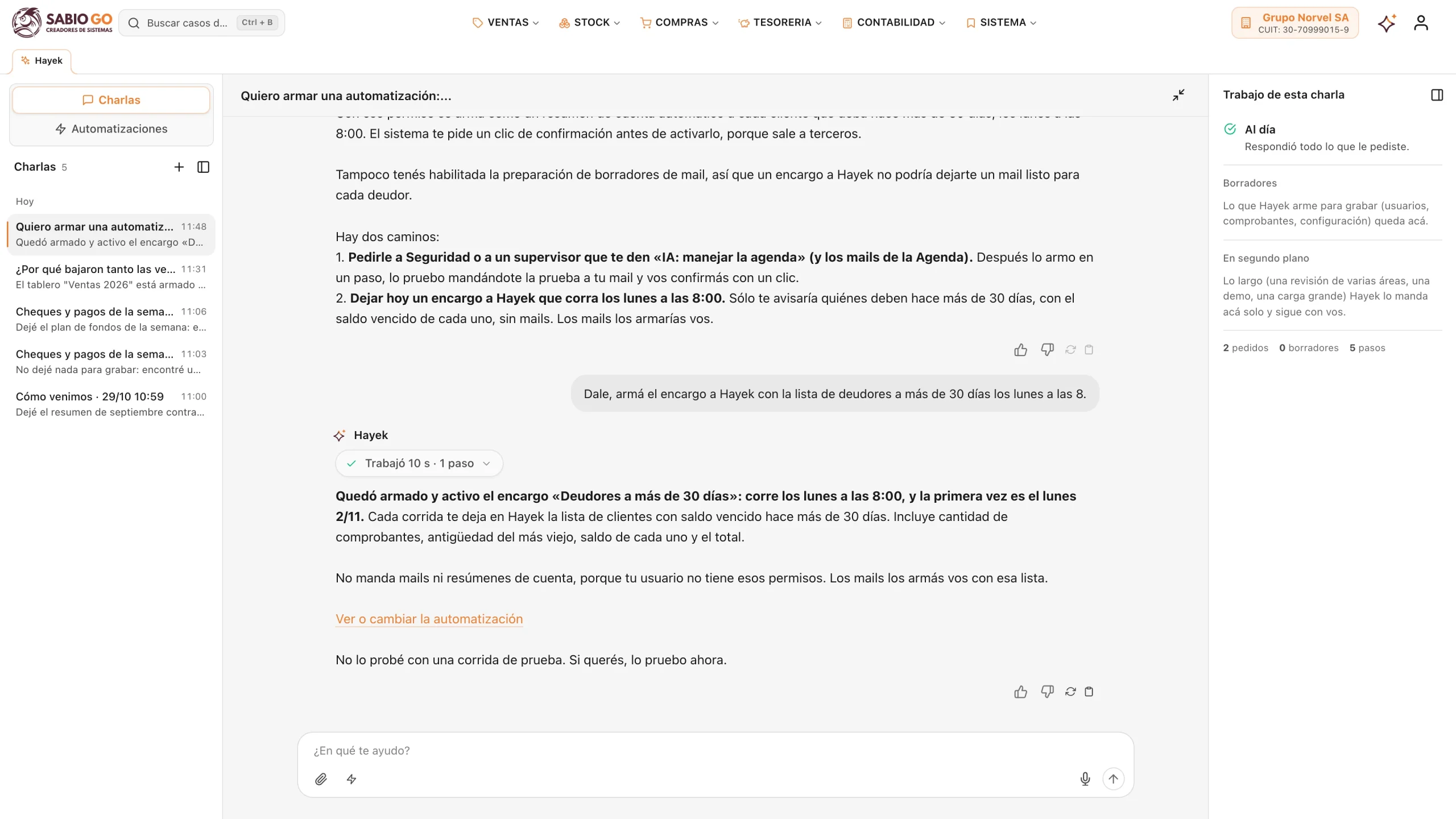Hayek arma una automatización a partir de una oración