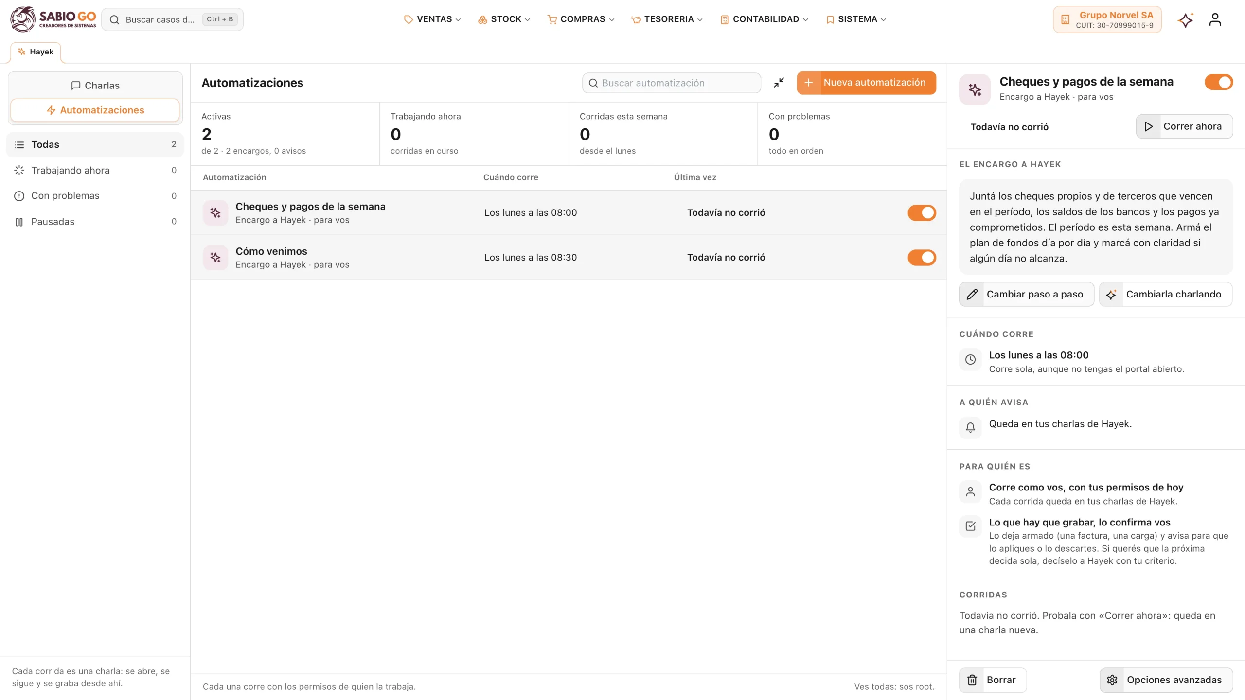 Automatizaciones activas, con la ficha de una